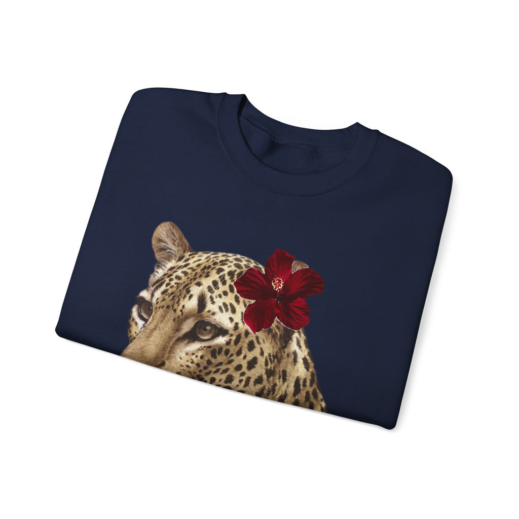 Leopard with Red Hibiscus Crewneck Sweatshirt