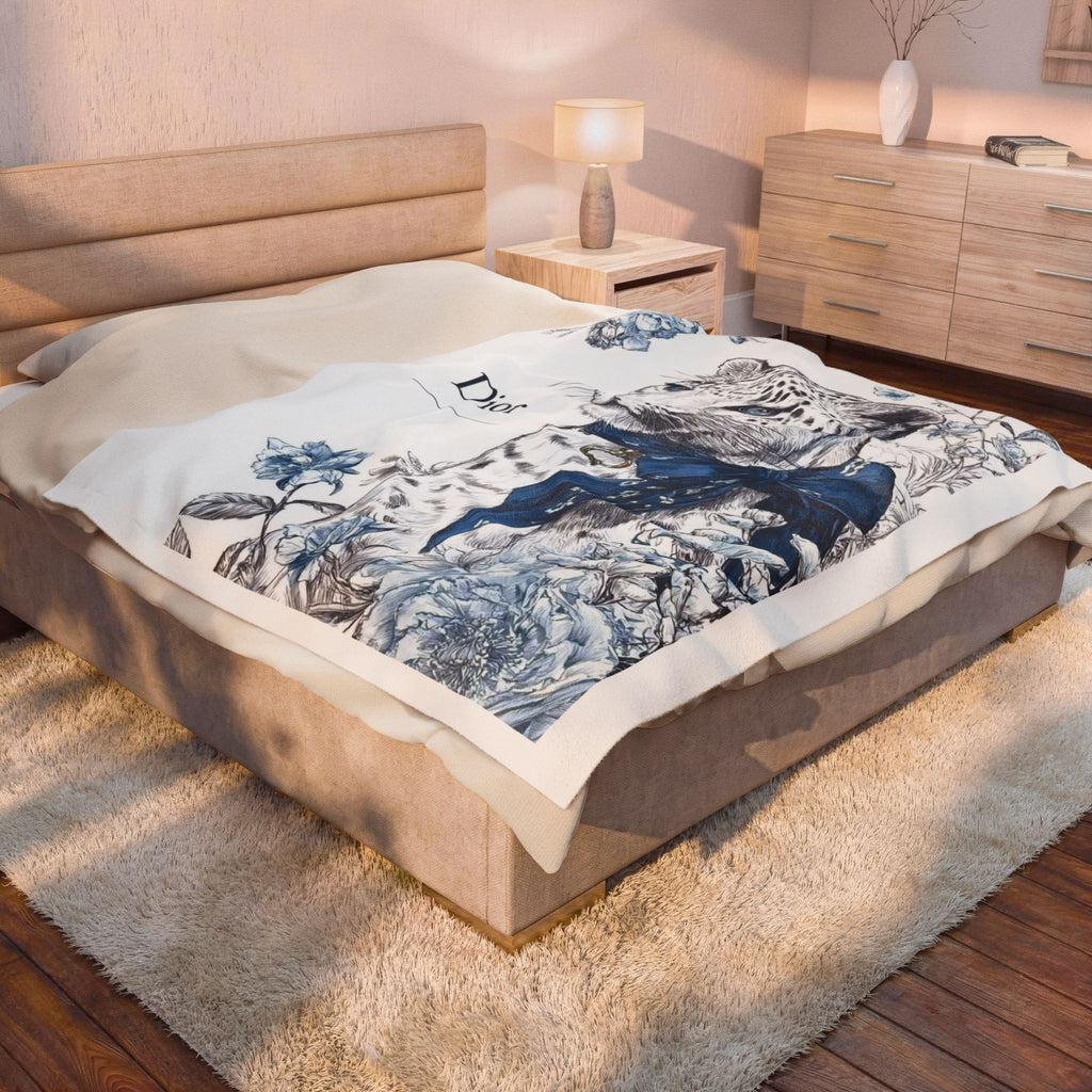 Dior Blue Floral Leopard Velveteen Plush Blanket