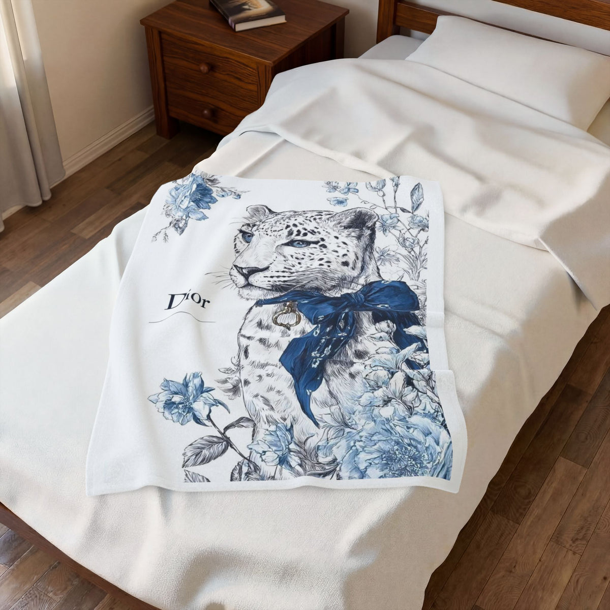 Dior Blue Floral Leopard Velveteen Plush Blanket