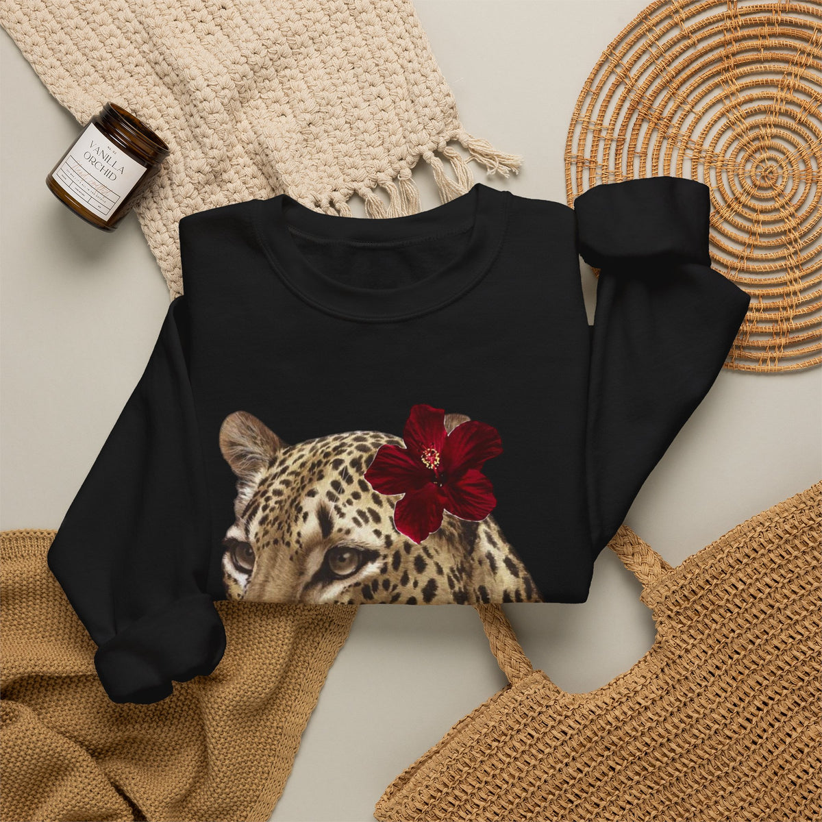 Leopard with Red Hibiscus Crewneck Sweatshirt