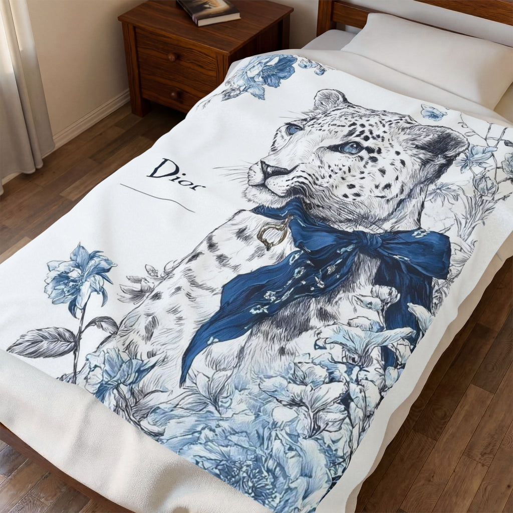 Dior Blue Floral Leopard Velveteen Plush Blanket