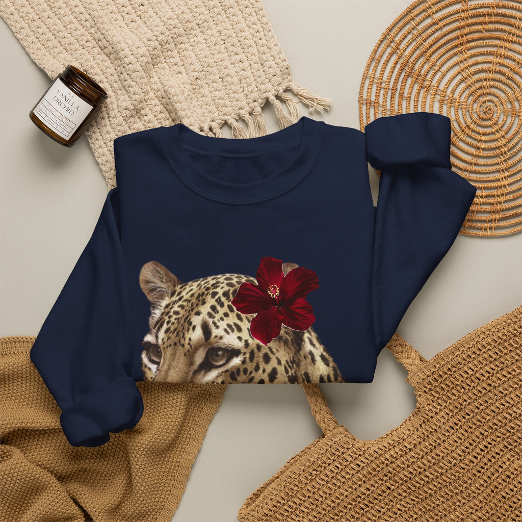 Leopard with Red Hibiscus Crewneck Sweatshirt
