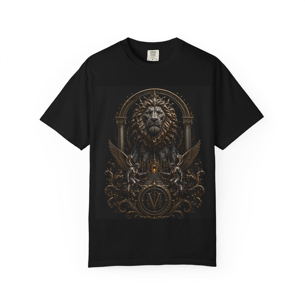 Lion Crest T-Shirt — Regal Gothic Lion Graphic Tee