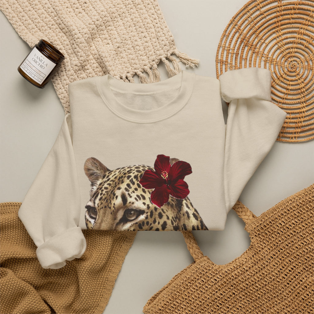 Leopard with Red Hibiscus Crewneck Sweatshirt