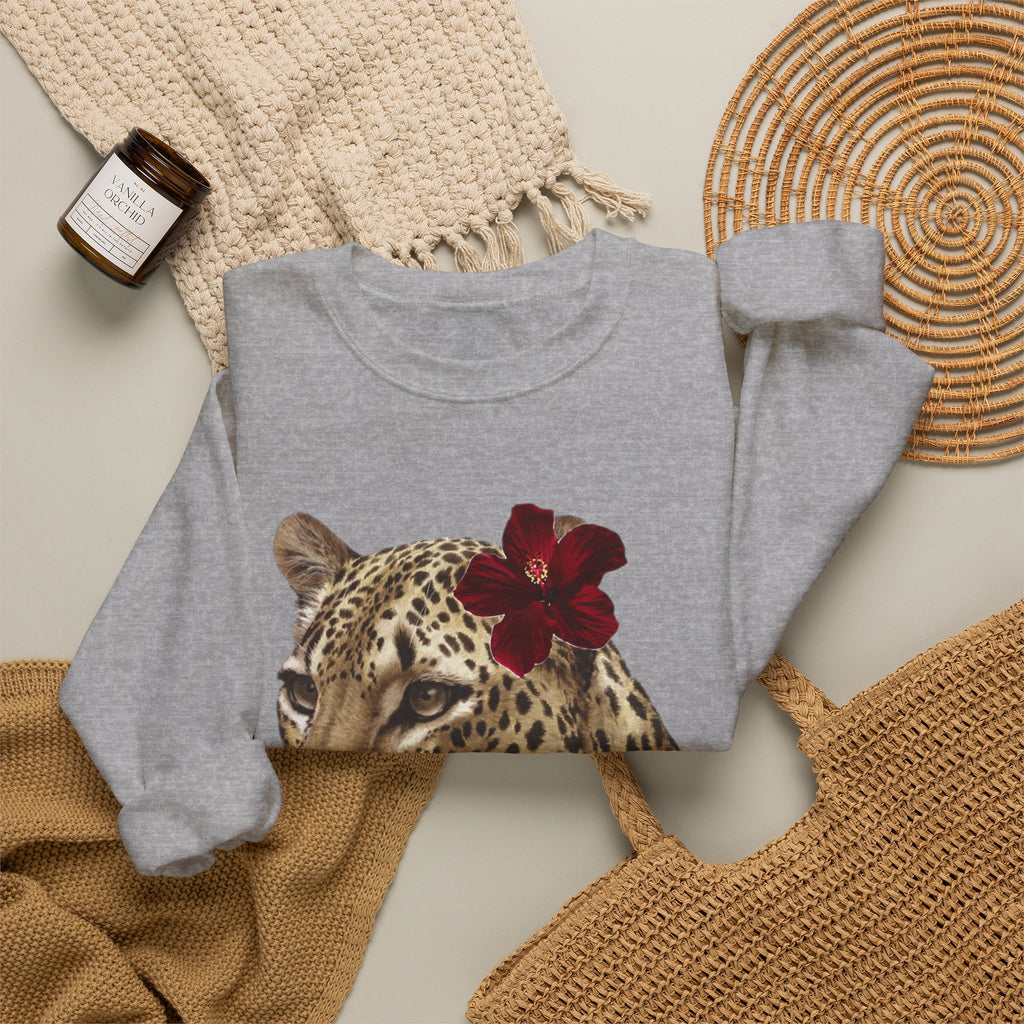 Leopard with Red Hibiscus Crewneck Sweatshirt