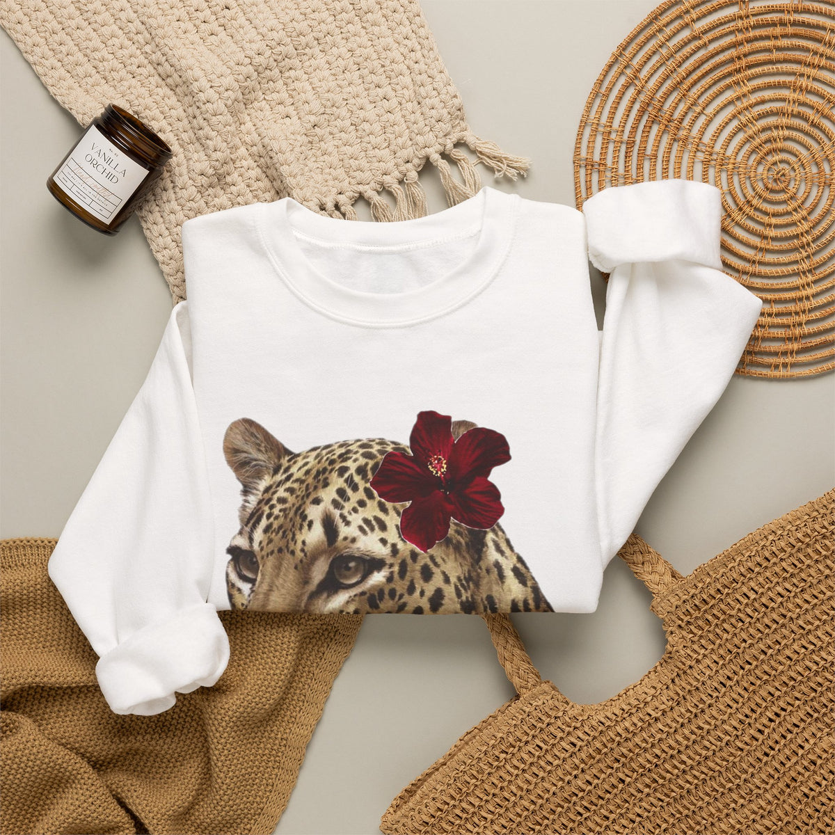 Leopard with Red Hibiscus Crewneck Sweatshirt
